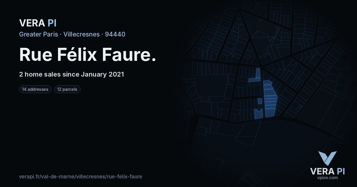 Rue Félix Faure, Villecresnes at night – every parcel coloured by the prices around it, the street's own parcels lit