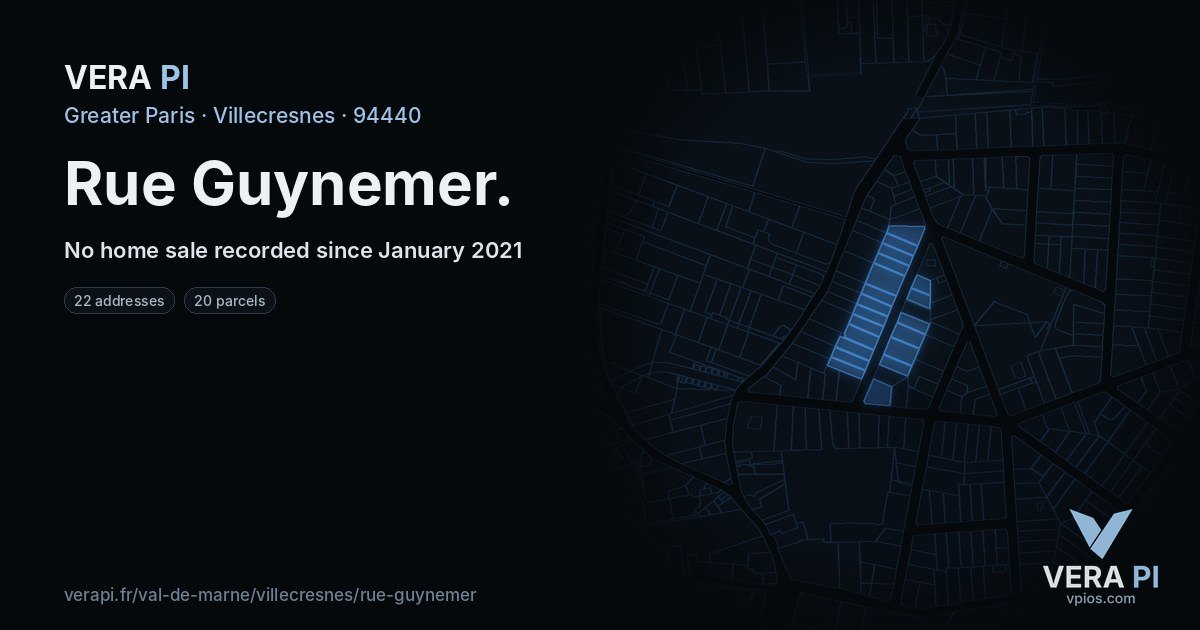 Rue Guynemer, Villecresnes at night – every parcel coloured by the prices around it, the street's own parcels lit