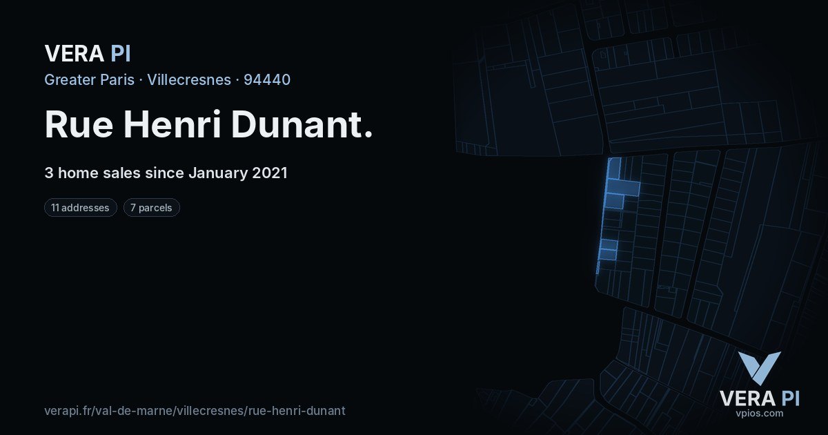 Rue Henri Dunant, Villecresnes at night – every parcel coloured by the prices around it, the street's own parcels lit