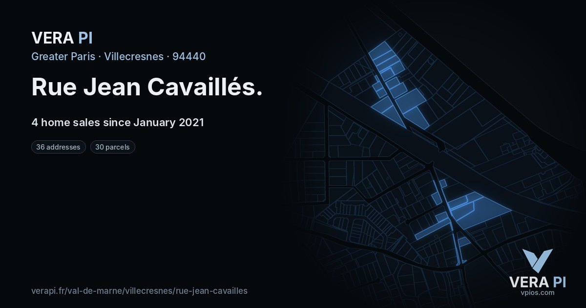 Rue Jean Cavaillés, Villecresnes at night – every parcel coloured by the prices around it, the street's own parcels lit
