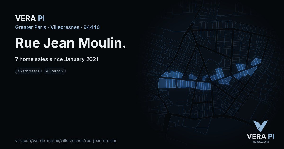 Rue Jean Moulin, Villecresnes at night – every parcel coloured by the prices around it, the street's own parcels lit