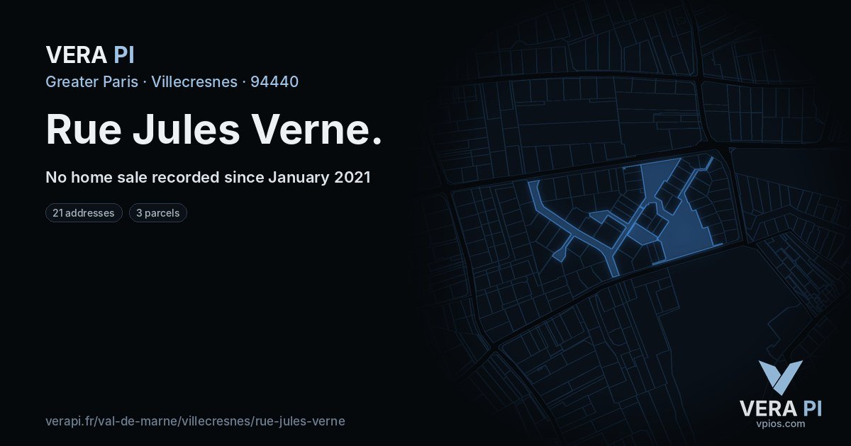 Rue Jules Verne, Villecresnes at night – every parcel coloured by the prices around it, the street's own parcels lit
