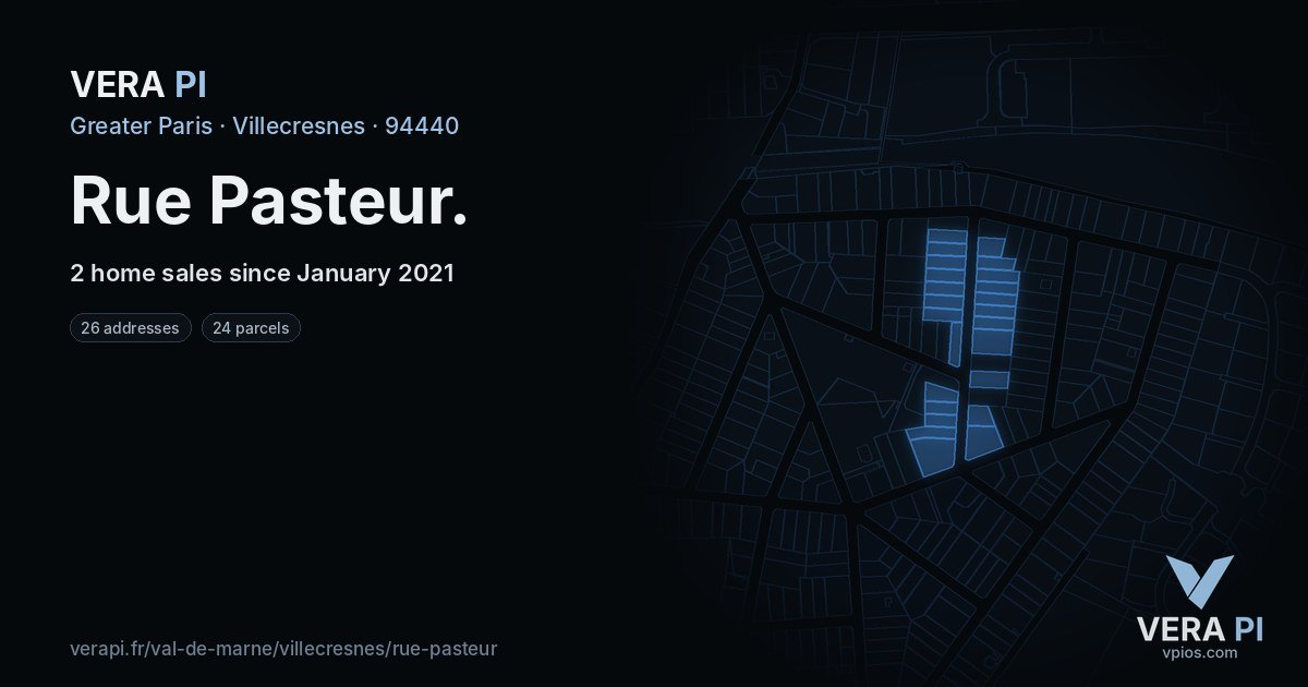 Rue Pasteur, Villecresnes at night – every parcel coloured by the prices around it, the street's own parcels lit