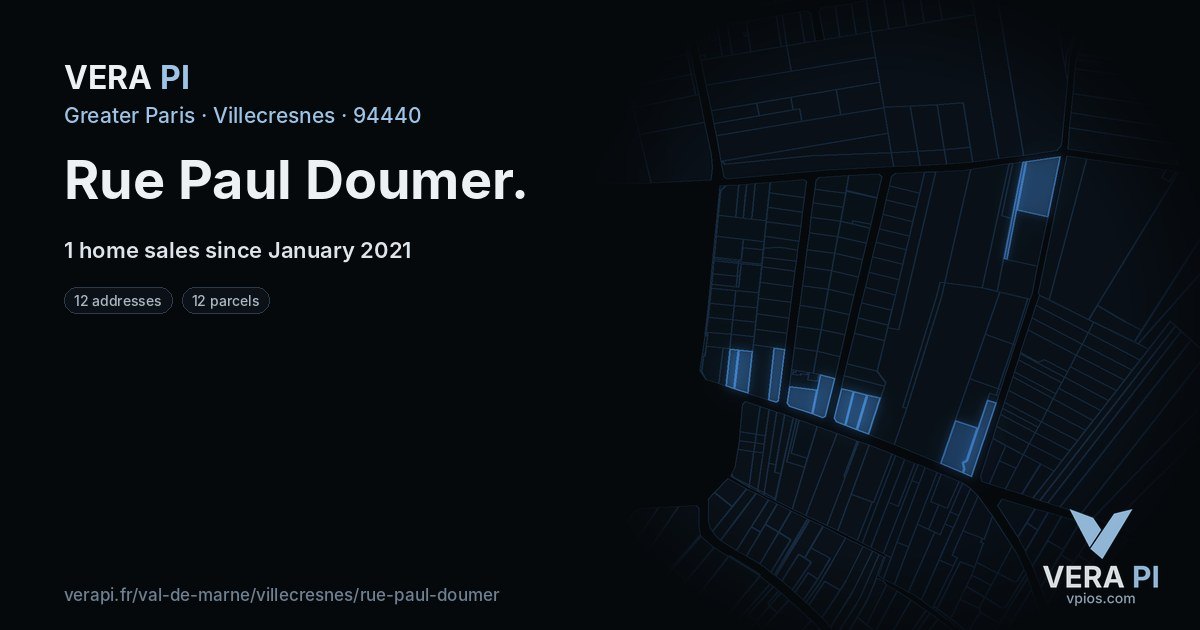 Rue Paul Doumer, Villecresnes at night – every parcel coloured by the prices around it, the street's own parcels lit
