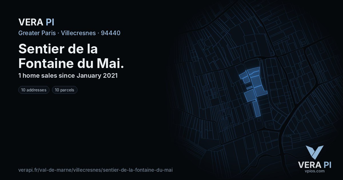 Sentier de la Fontaine du Mai, Villecresnes at night – every parcel coloured by the prices around it, the street's own parcels lit