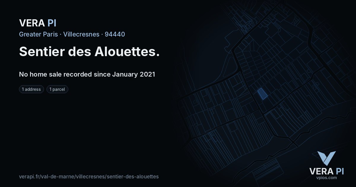Sentier des Alouettes, Villecresnes at night – every parcel coloured by the prices around it, the street's own parcels lit