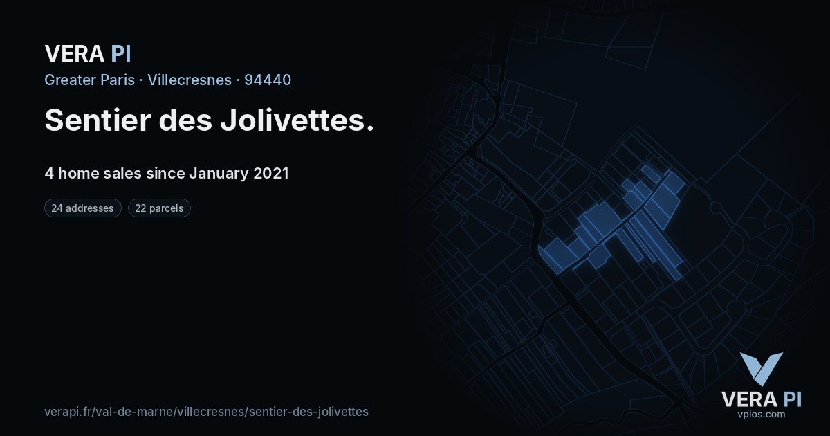 Sentier des Jolivettes, Villecresnes at night – every parcel coloured by the prices around it, the street's own parcels lit