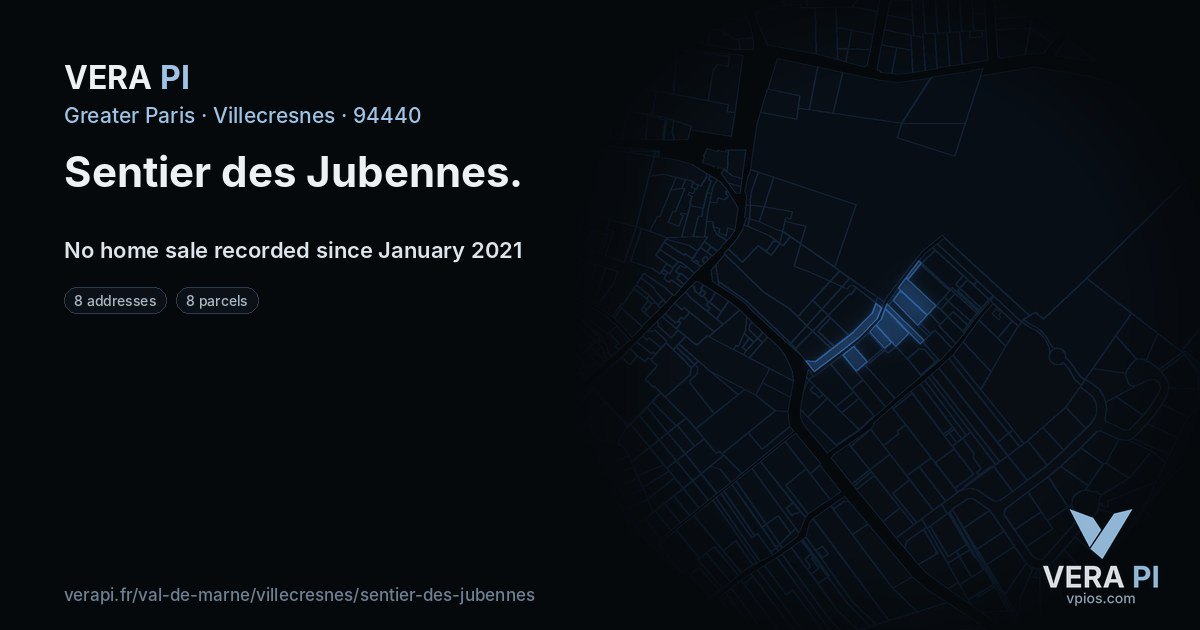 Sentier des Jubennes, Villecresnes at night – every parcel coloured by the prices around it, the street's own parcels lit