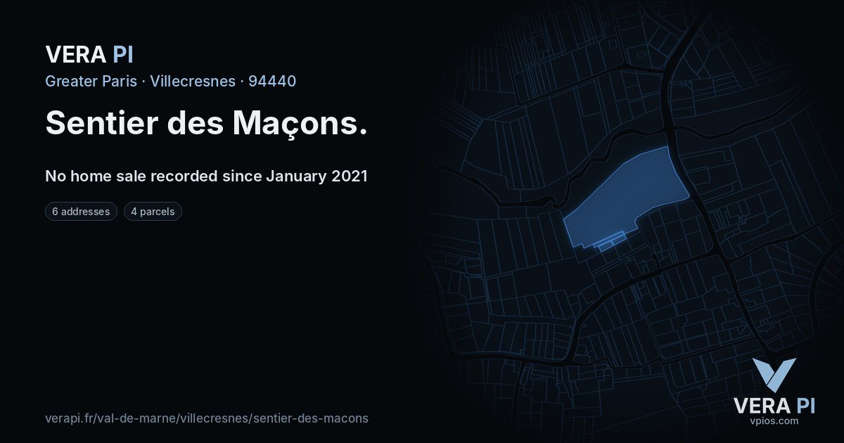Sentier des Maçons, Villecresnes at night – every parcel coloured by the prices around it, the street's own parcels lit