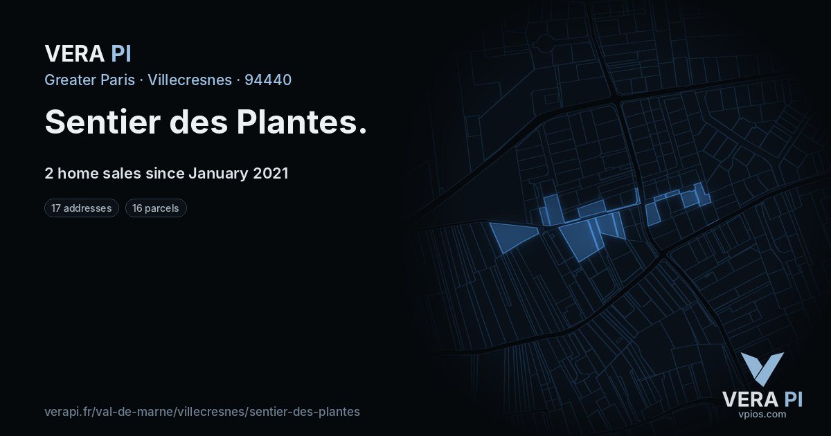 Sentier des Plantes, Villecresnes at night – every parcel coloured by the prices around it, the street's own parcels lit