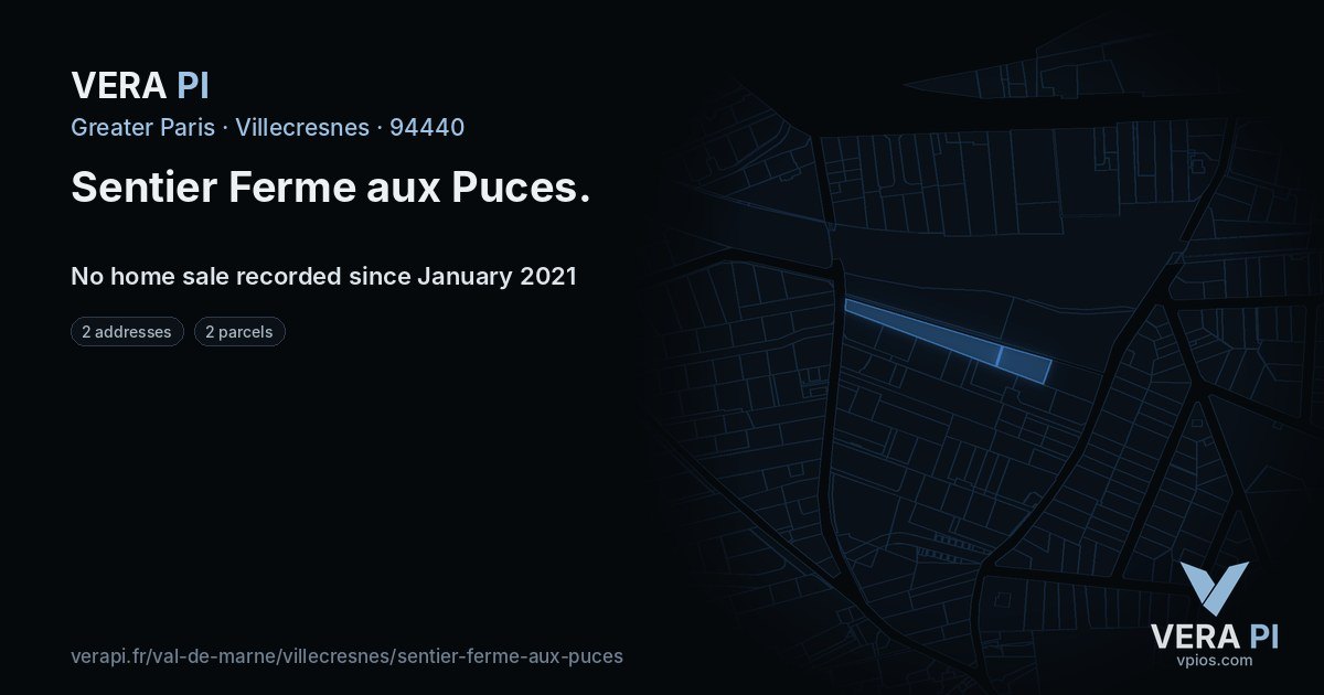 Sentier Ferme aux Puces, Villecresnes at night – every parcel coloured by the prices around it, the street's own parcels lit