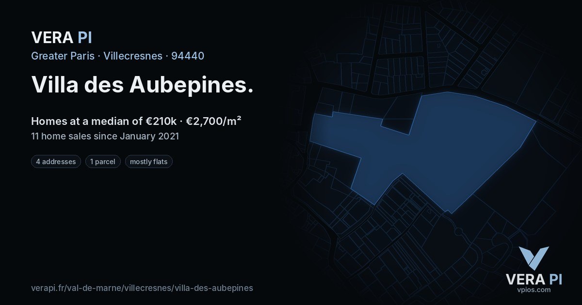 Villa des Aubepines, Villecresnes at night – every parcel coloured by the prices around it, the street's own parcels lit