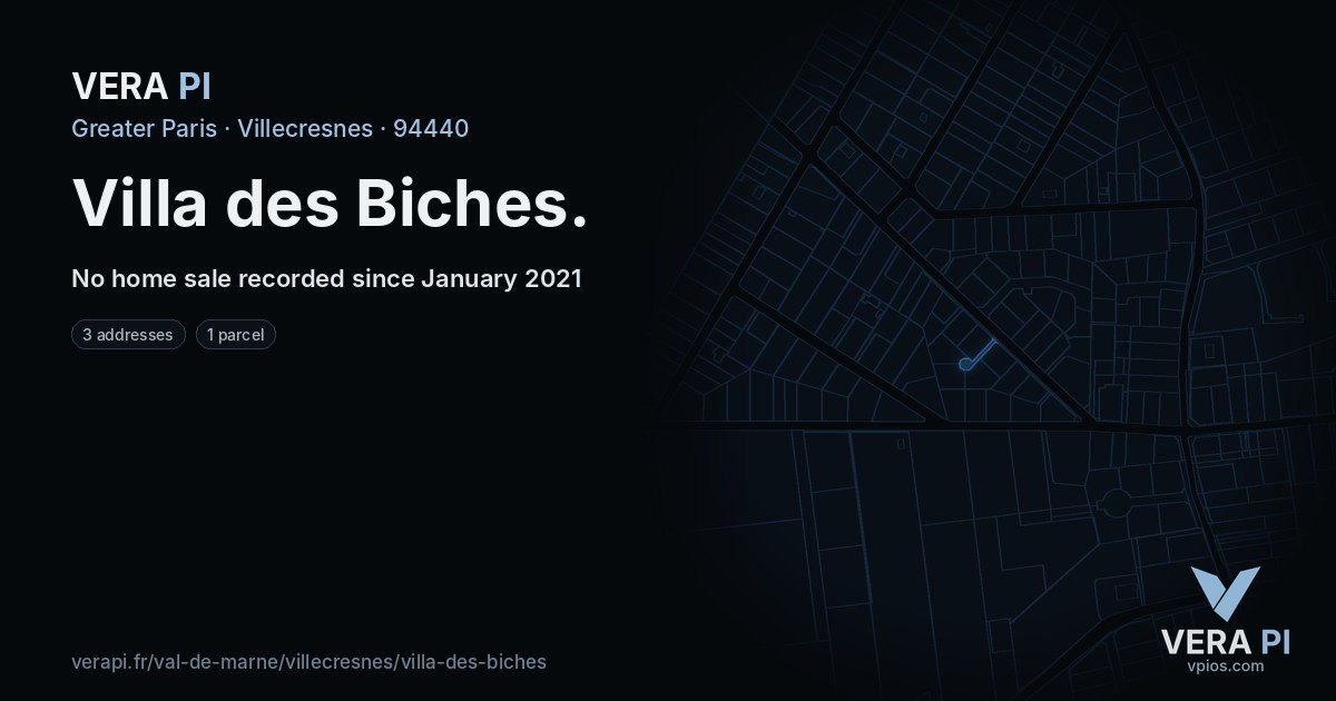 Villa des Biches, Villecresnes at night – every parcel coloured by the prices around it, the street's own parcels lit