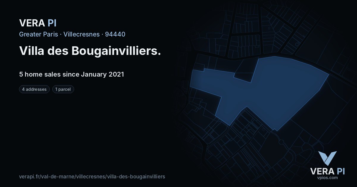 Villa des Bougainvilliers, Villecresnes at night – every parcel coloured by the prices around it, the street's own parcels lit
