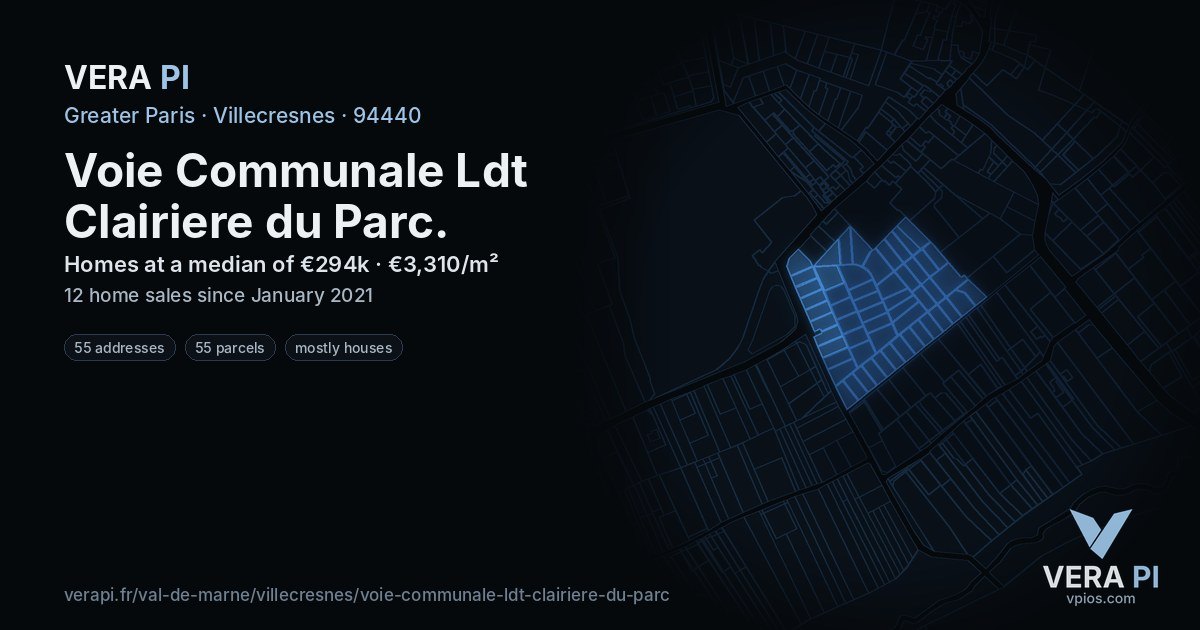 Voie Communale Ldt Clairiere du Parc, Villecresnes at night – every parcel coloured by the prices around it, the street's own parcels lit