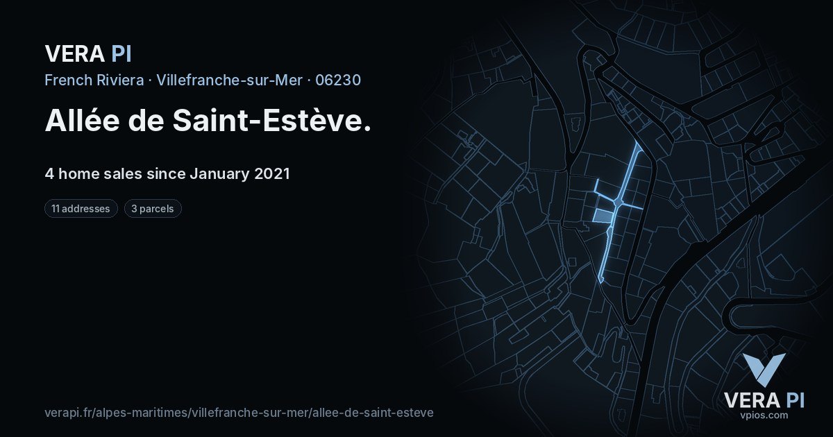 Allée de Saint-Estève, Villefranche-sur-Mer at night – every parcel coloured by the prices around it, the street's own parcels lit