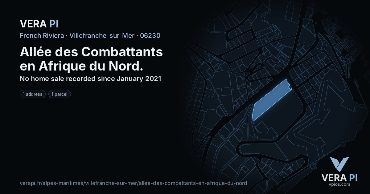 Allée des Combattants en Afrique du Nord, Villefranche-sur-Mer at night – every parcel coloured by the prices around it, the street's own parcels lit