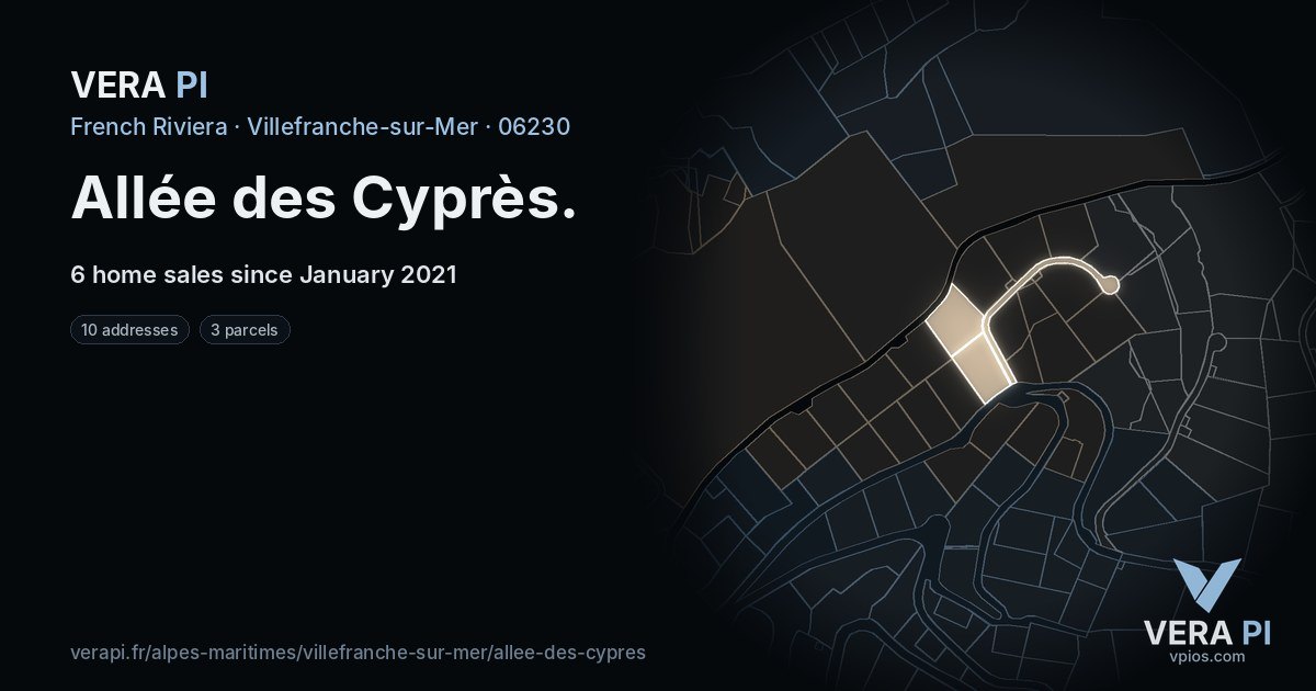 Allée des Cyprès, Villefranche-sur-Mer at night – every parcel coloured by the prices around it, the street's own parcels lit