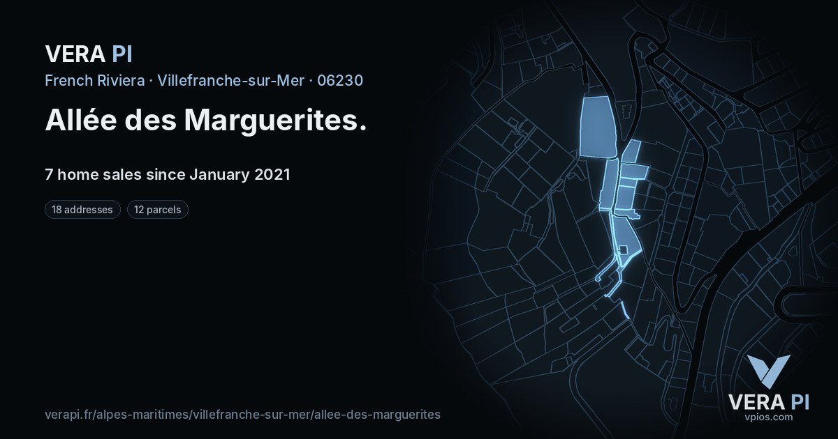Allée des Marguerites, Villefranche-sur-Mer at night – every parcel coloured by the prices around it, the street's own parcels lit