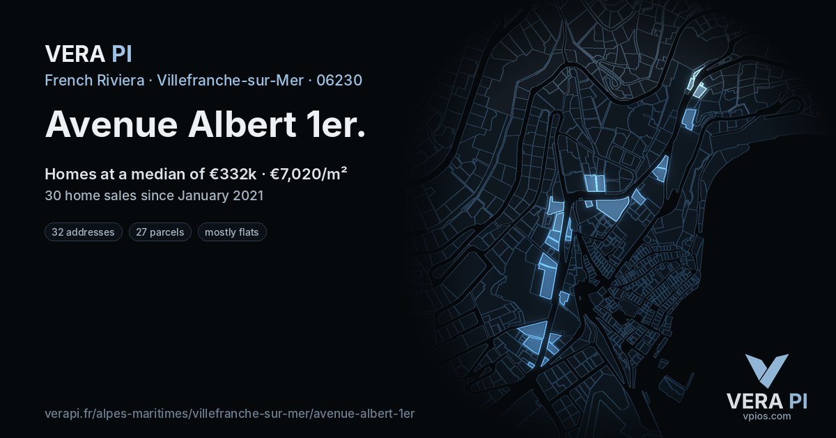 Avenue Albert 1er, Villefranche-sur-Mer at night – every parcel coloured by the prices around it, the street's own parcels lit