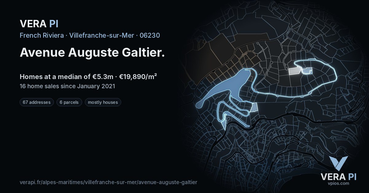 Avenue Auguste Galtier, Villefranche-sur-Mer at night – every parcel coloured by the prices around it, the street's own parcels lit