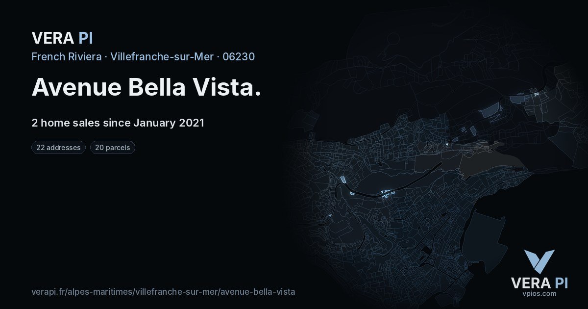 Avenue Bella Vista, Villefranche-sur-Mer at night – every parcel coloured by the prices around it, the street's own parcels lit