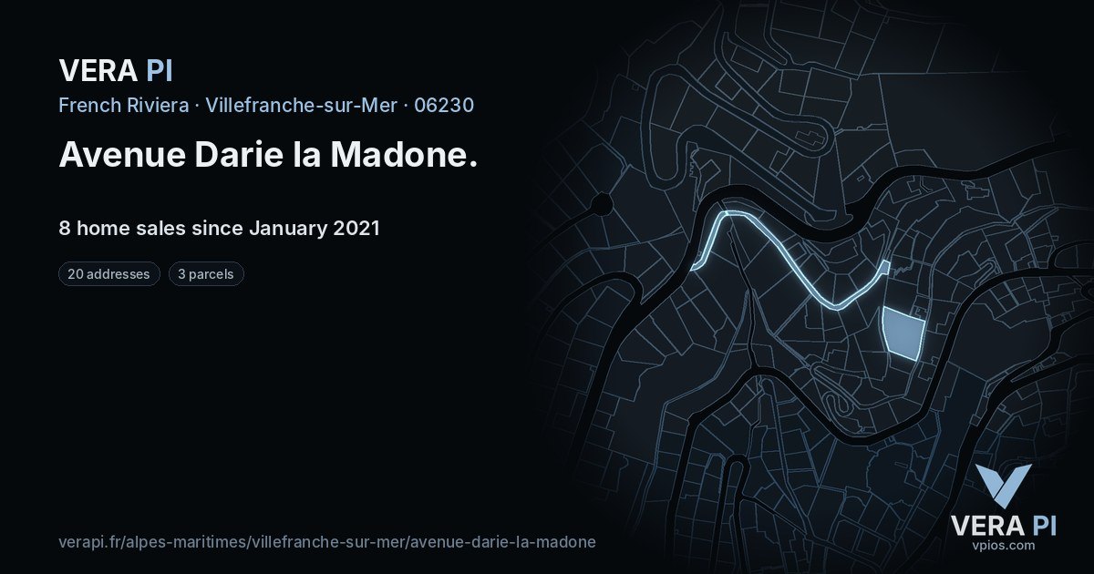 Avenue Darie la Madone, Villefranche-sur-Mer at night – every parcel coloured by the prices around it, the street's own parcels lit