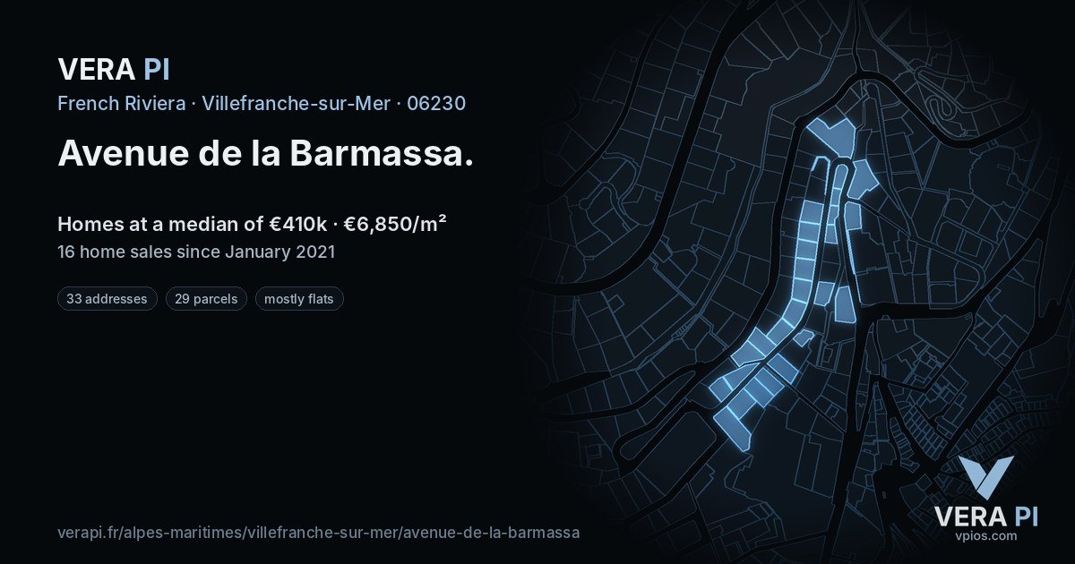 Avenue de la Barmassa, Villefranche-sur-Mer at night – every parcel coloured by the prices around it, the street's own parcels lit