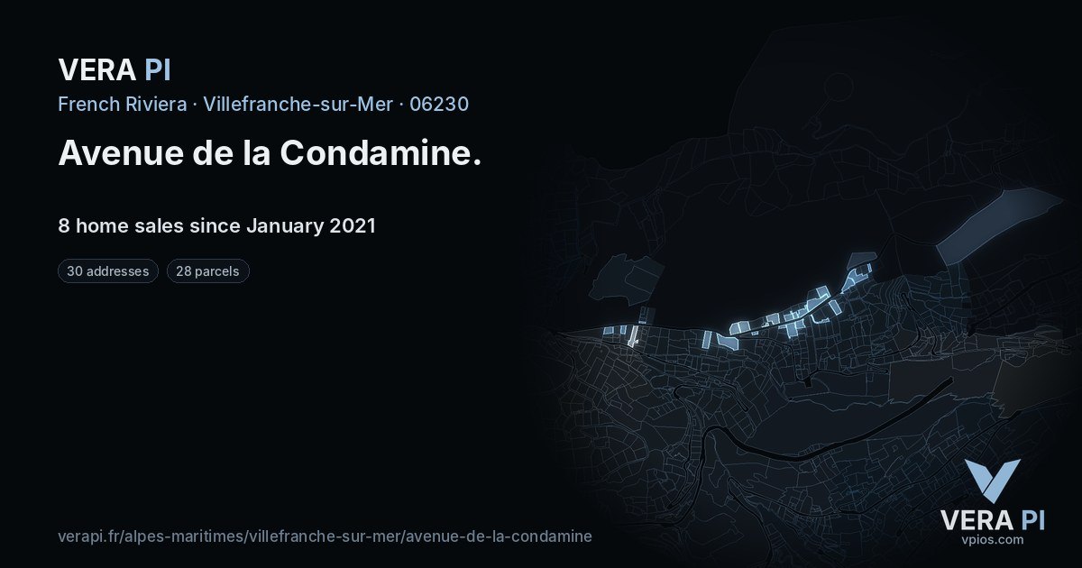 Avenue de la Condamine, Villefranche-sur-Mer at night – every parcel coloured by the prices around it, the street's own parcels lit