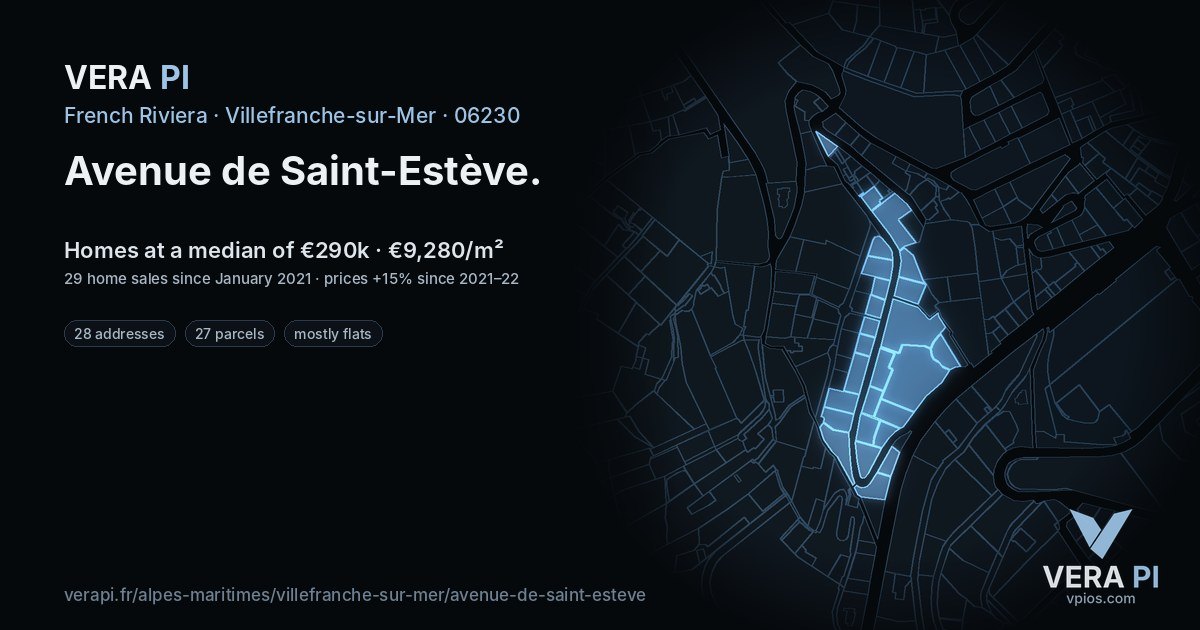 Avenue de Saint-Estève, Villefranche-sur-Mer at night – every parcel coloured by the prices around it, the street's own parcels lit
