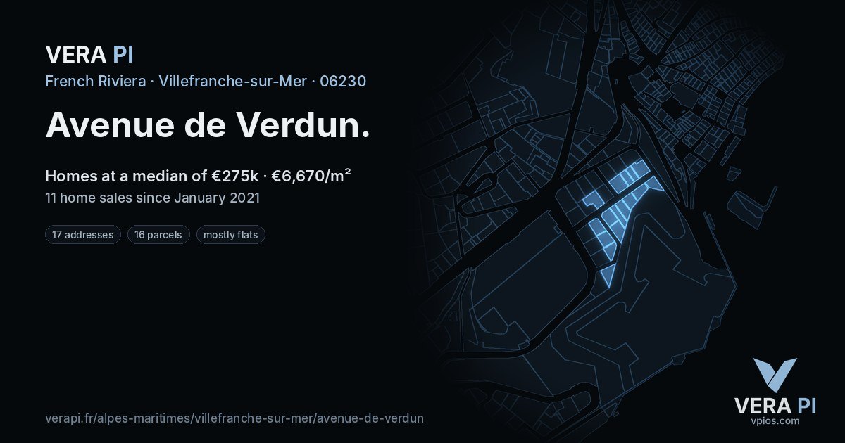 Avenue de Verdun, Villefranche-sur-Mer at night – every parcel coloured by the prices around it, the street's own parcels lit