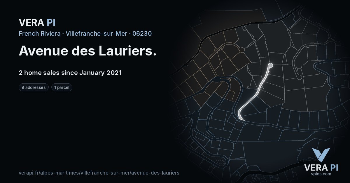 Avenue des Lauriers, Villefranche-sur-Mer at night – every parcel coloured by the prices around it, the street's own parcels lit