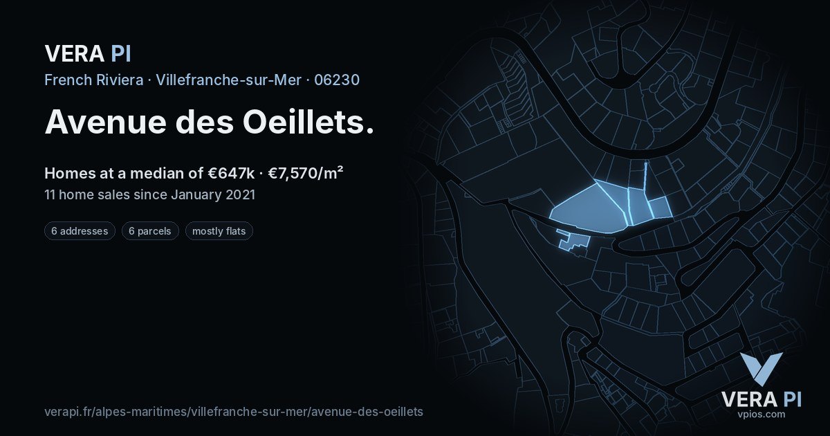 Avenue des Oeillets, Villefranche-sur-Mer at night – every parcel coloured by the prices around it, the street's own parcels lit