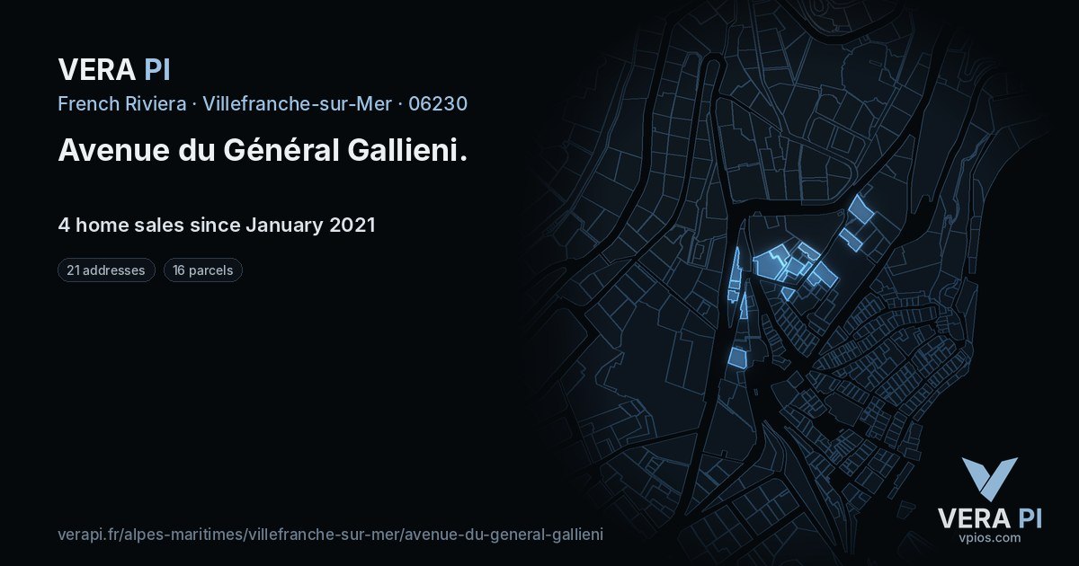 Avenue du Général Gallieni, Villefranche-sur-Mer at night – every parcel coloured by the prices around it, the street's own parcels lit