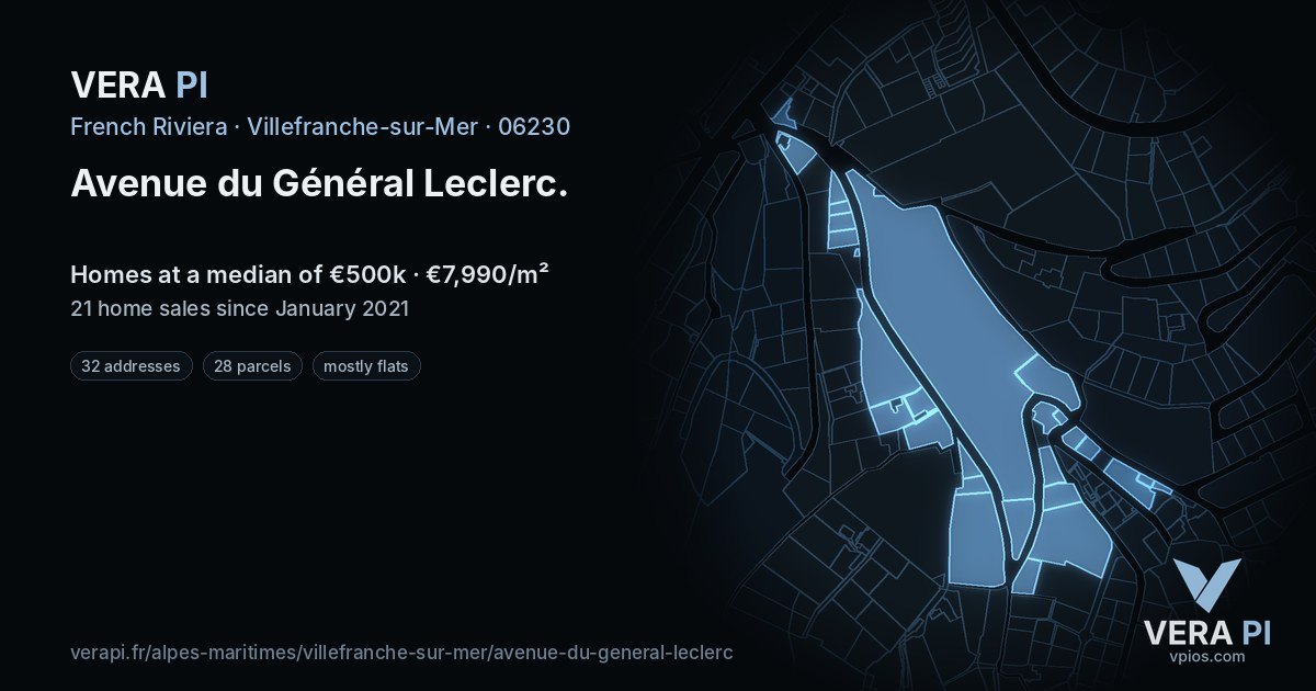 Avenue du Général Leclerc, Villefranche-sur-Mer at night – every parcel coloured by the prices around it, the street's own parcels lit