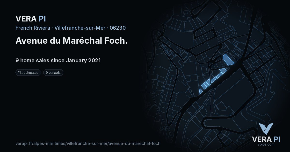 Avenue du Maréchal Foch, Villefranche-sur-Mer at night – every parcel coloured by the prices around it, the street's own parcels lit