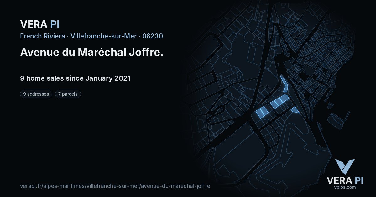 Avenue du Maréchal Joffre, Villefranche-sur-Mer at night – every parcel coloured by the prices around it, the street's own parcels lit