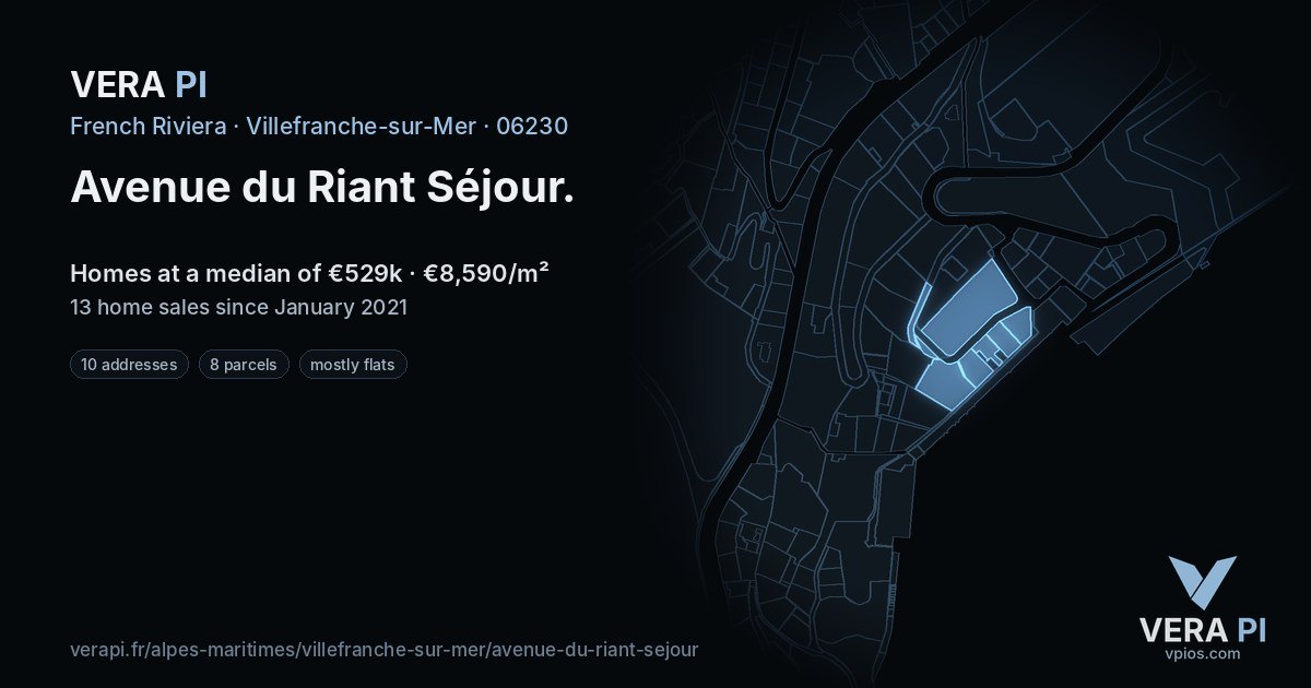 Avenue du Riant Séjour, Villefranche-sur-Mer at night – every parcel coloured by the prices around it, the street's own parcels lit