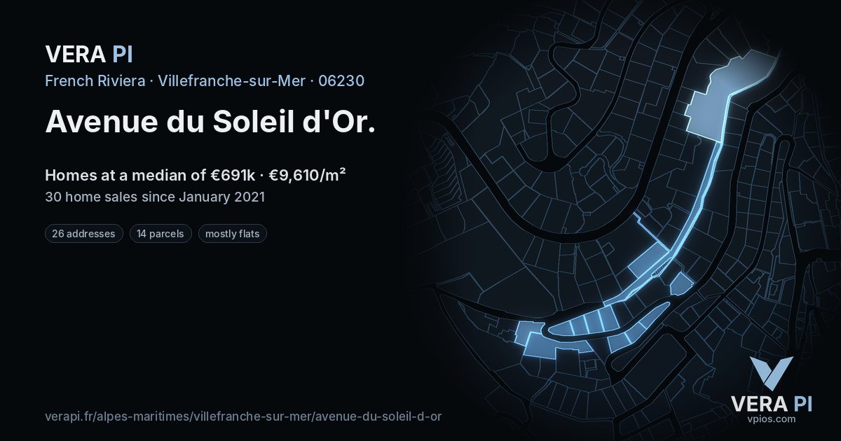 Avenue du Soleil d'Or, Villefranche-sur-Mer at night – every parcel coloured by the prices around it, the street's own parcels lit