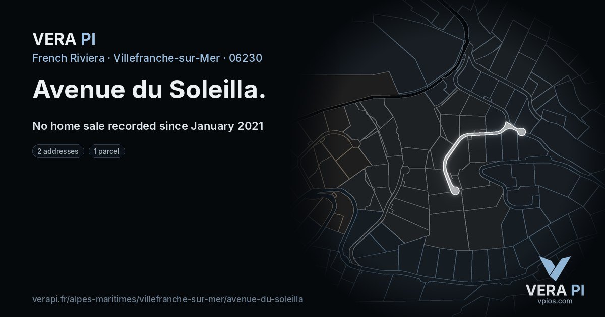 Avenue du Soleilla, Villefranche-sur-Mer at night – every parcel coloured by the prices around it, the street's own parcels lit