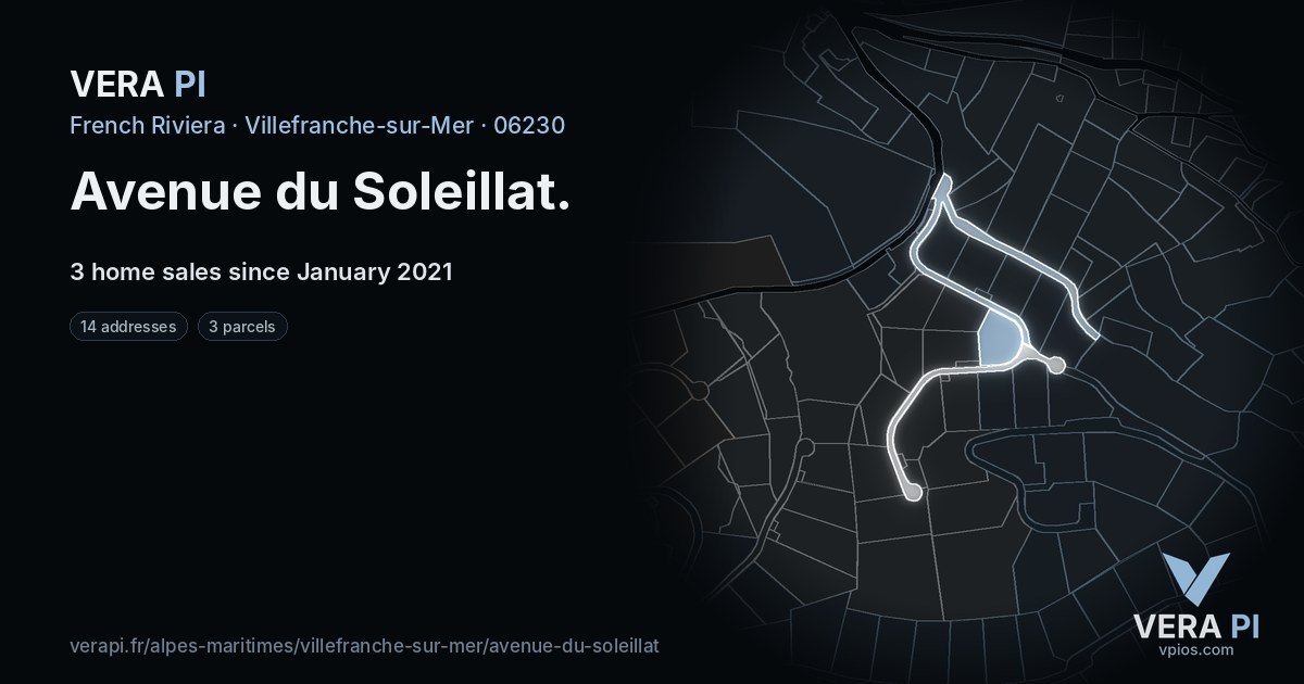 Avenue du Soleillat, Villefranche-sur-Mer at night – every parcel coloured by the prices around it, the street's own parcels lit