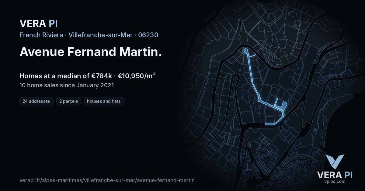 Avenue Fernand Martin, Villefranche-sur-Mer at night – every parcel coloured by the prices around it, the street's own parcels lit