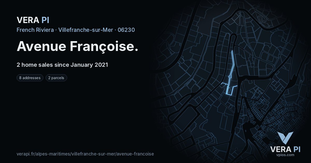 Avenue Françoise, Villefranche-sur-Mer at night – every parcel coloured by the prices around it, the street's own parcels lit