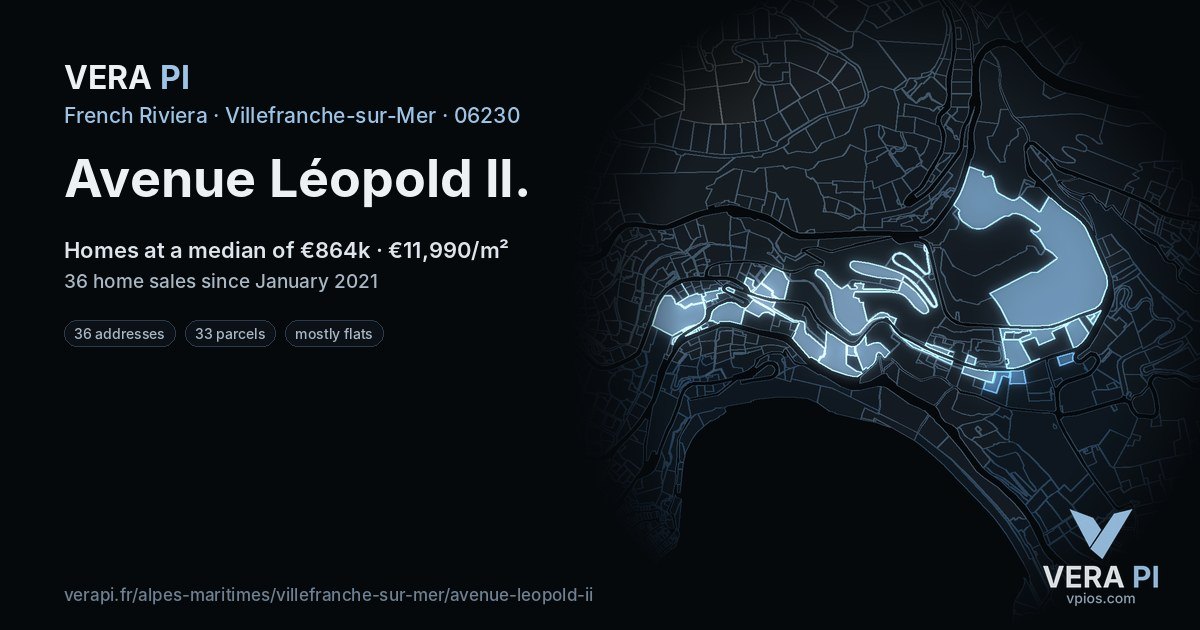 Avenue Léopold II, Villefranche-sur-Mer at night – every parcel coloured by the prices around it, the street's own parcels lit