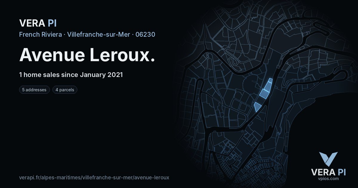Avenue Leroux, Villefranche-sur-Mer at night – every parcel coloured by the prices around it, the street's own parcels lit