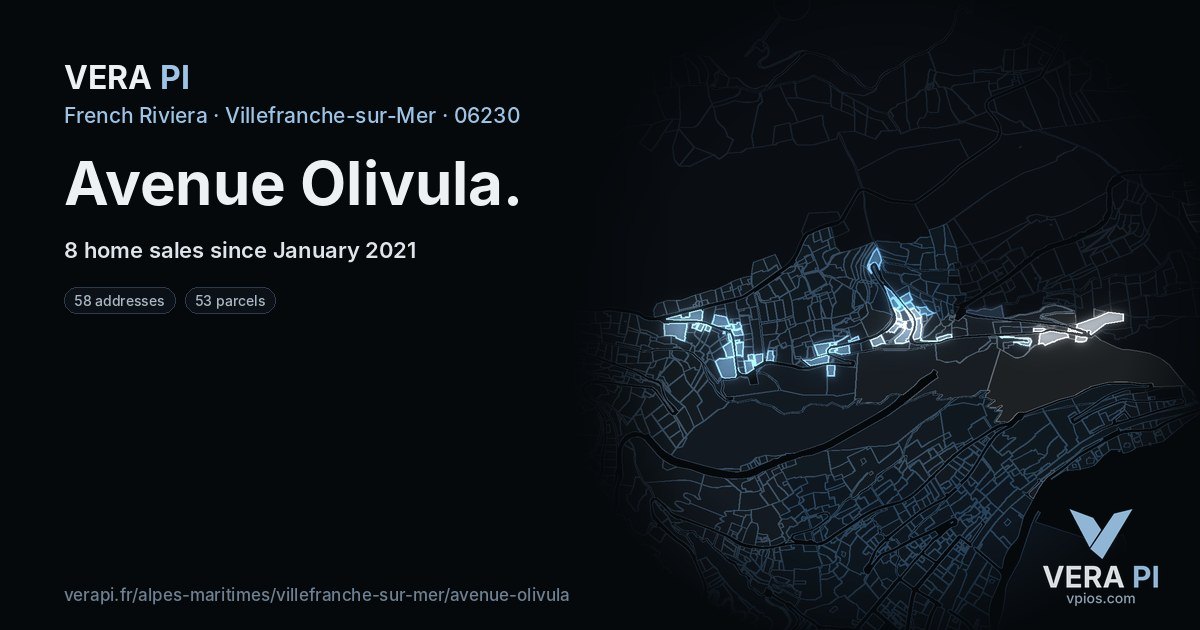Avenue Olivula, Villefranche-sur-Mer at night – every parcel coloured by the prices around it, the street's own parcels lit