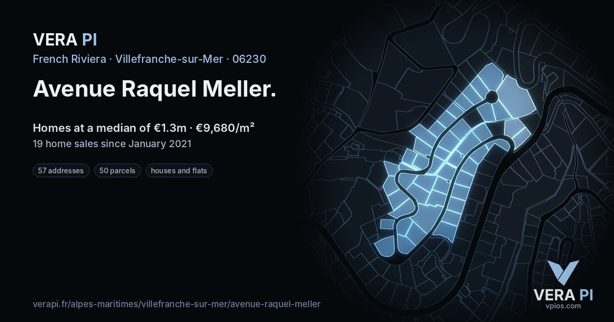 Avenue Raquel Meller, Villefranche-sur-Mer at night – every parcel coloured by the prices around it, the street's own parcels lit
