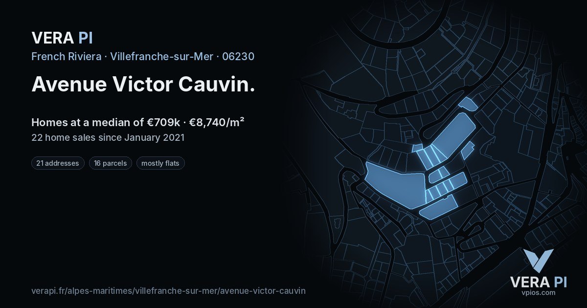 Avenue Victor Cauvin, Villefranche-sur-Mer at night – every parcel coloured by the prices around it, the street's own parcels lit