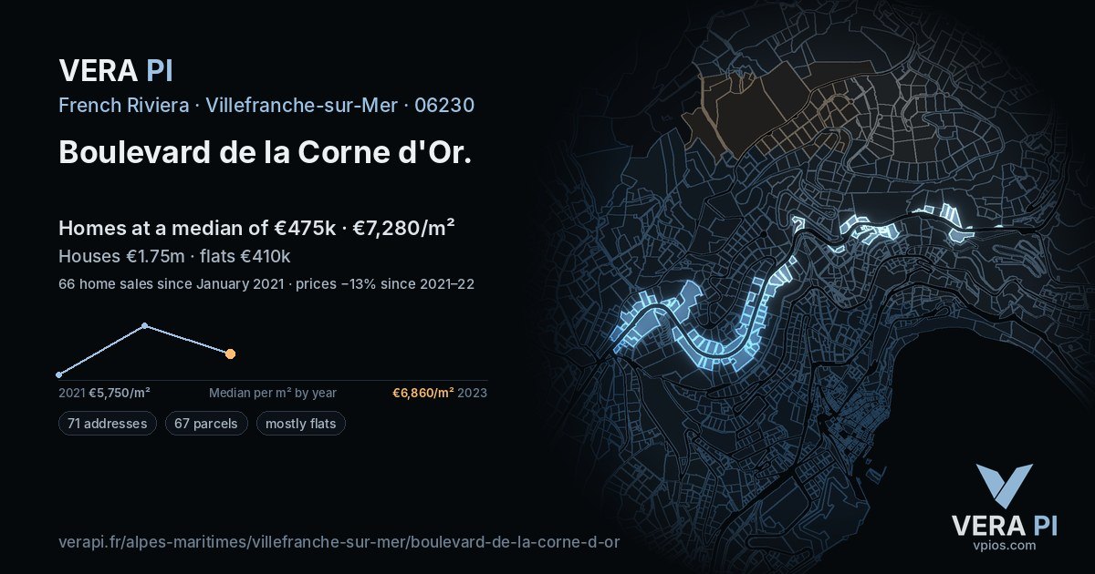 Boulevard de la Corne d'Or, Villefranche-sur-Mer at night – every parcel coloured by the prices around it, the street's own parcels lit