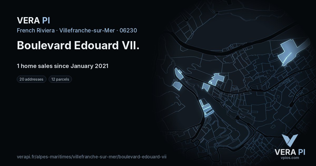 Boulevard Edouard VII, Villefranche-sur-Mer at night – every parcel coloured by the prices around it, the street's own parcels lit